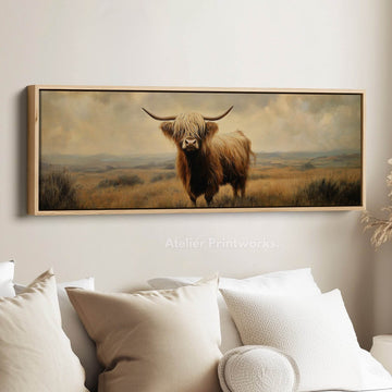 Highland Cow Picture Panoramic Long Narrow Wall Art Large Canvas Decor - Atelier Printworks