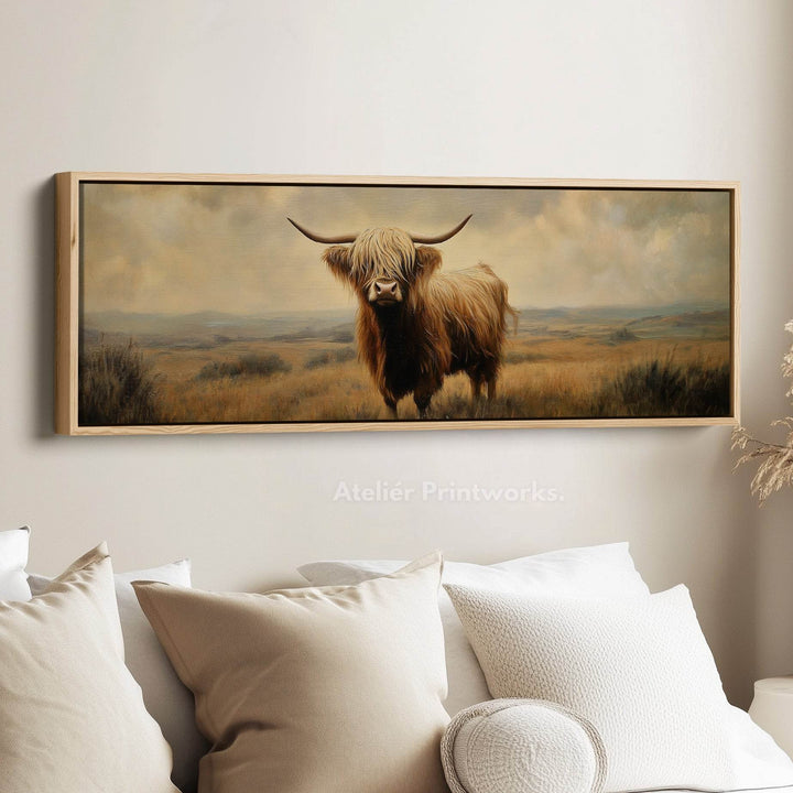 Highland Cow Picture Panoramic Long Narrow Wall Art Large Canvas Decor - Atelier Printworks