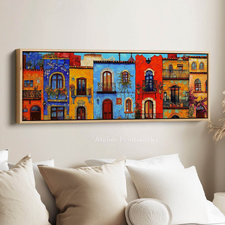 Colourful Houses Large Horizontal Framed Canvas Wall Art - Atelier Printworks