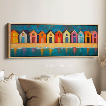 Beach Huts Long Skinny Horizontal Wall Decor Large Framed Canvas Picture - Atelier Printworks