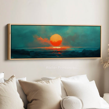Minimalist Ocean Sunset Narrow Wide Horizontal Wall Decor Large Framed Canvas - Atelier Printworks