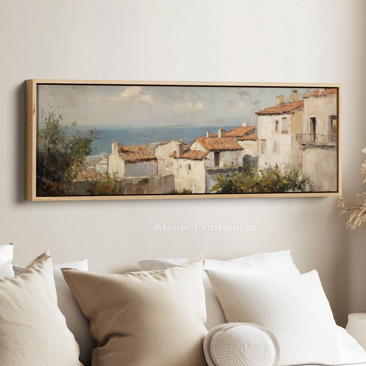 Mediterranean Coastal Seascape Large Framed Long Canvas Horizontal Wall Art - Atelier Printworks