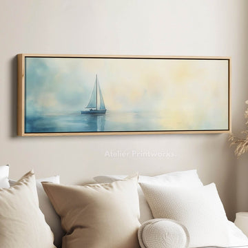 Calming Watercolour Sailboat Large Framed Long Canvas Horizontal Wall Art - Atelier Printworks