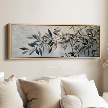 Olive Branch Framed Canvas Wall Art Print Long Horizontal Art - Atelier Printworks