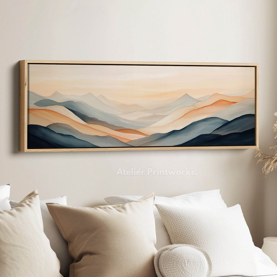 Muted Abstract Mountains Large Wide Horizontal Wall Art Framed Canvas - Atelier Printworks
