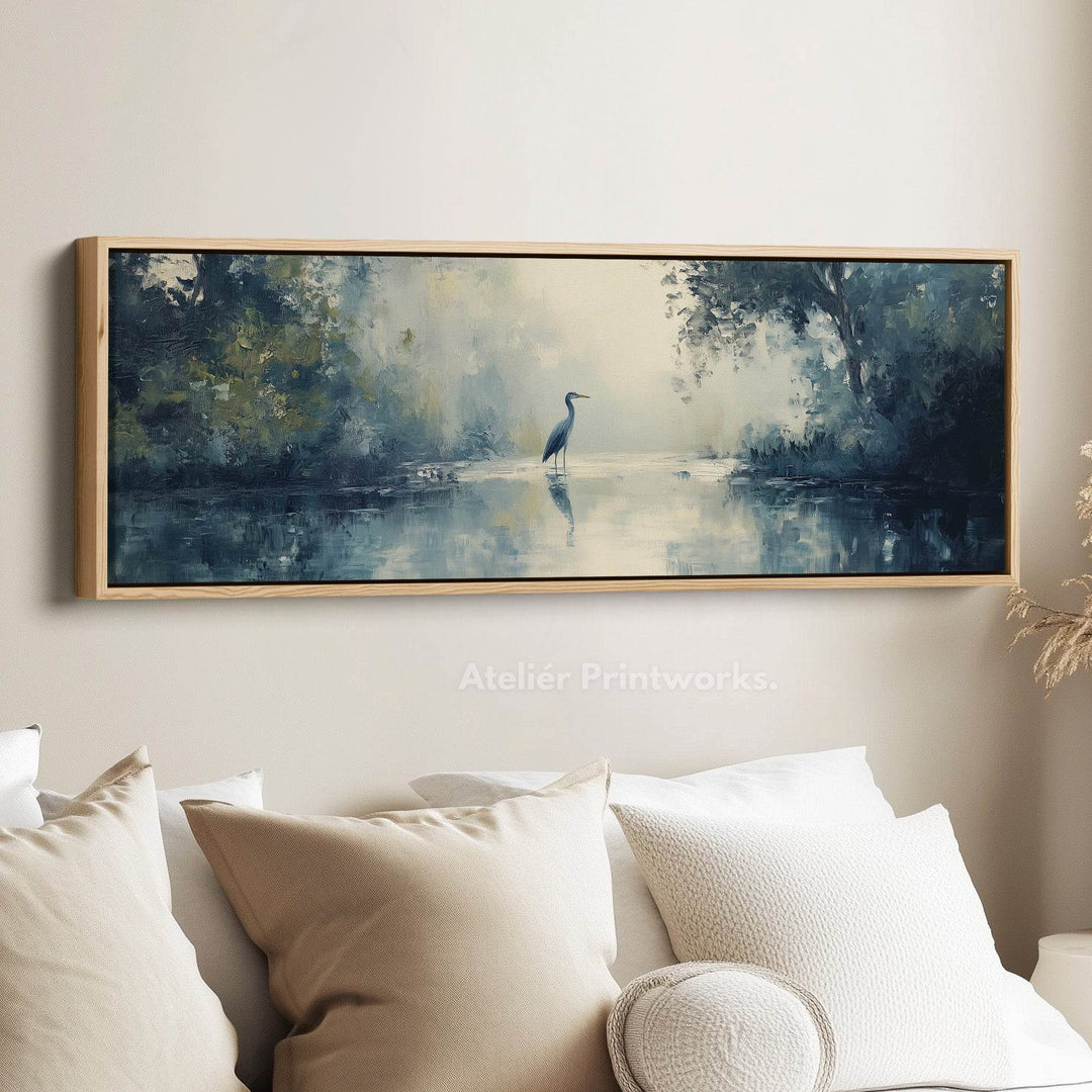 Muted Heron Long Horizontal Skinny Framed Canvas - Atelier Printworks