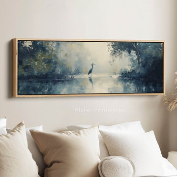 Muted Heron Long Horizontal Skinny Framed Canvas - Atelier Printworks