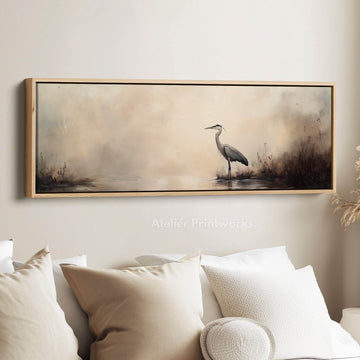 Vintage Heron Long Horizontal Skinny Framed Canvas - Atelier Printworks