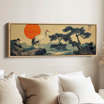Japanese Crane Long Narrow Horizontal Wall Art Framed Canvas - Atelier Printworks