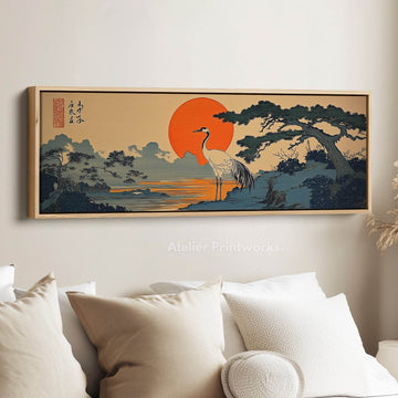 Japanese Crane Above Bed Long Narrow Horizontal Wall Art - Atelier Printworks