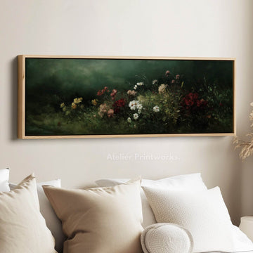Vintage Wild Flowers Dark Green Horizontal Wall Art - Wide Long Narrow Wall Decor - Atelier Printworks