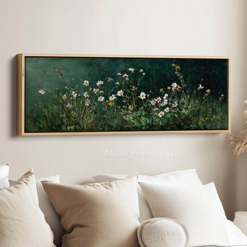 Long Narrow Vintage Wildflower Framed Canvas – Dark Green Horizontal Wall Art - Atelier Printworks