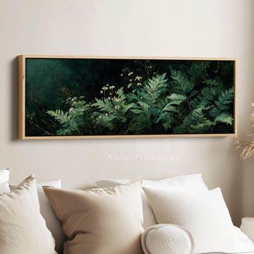 Dark Green Floral Horizontal Framed Canvas – Vintage Wildflower Wide Long Wall Art - Atelier Printworks