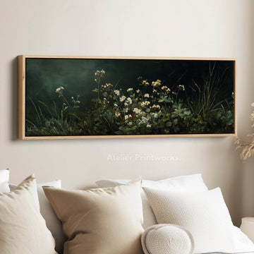 Wide Dark Green Wildflower Horizontal Framed Canvas – Vintage Style Long Wall Decor - Atelier Printworks