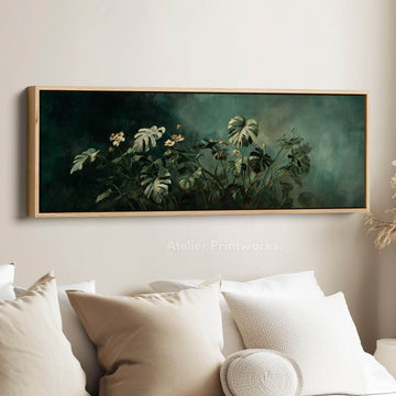 Dark Green Wildflower Vintage Horizontal Framed Canvas – Narrow Wide Wall Art - Atelier Printworks