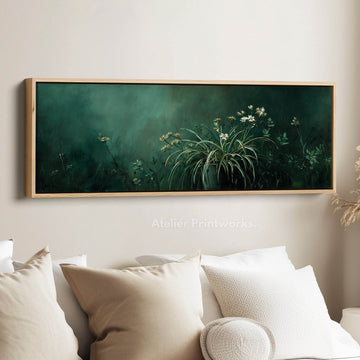 Green Botanical Wide Framed Canvas – Vintage Horizontal Long Narrow Wall Art - Atelier Printworks