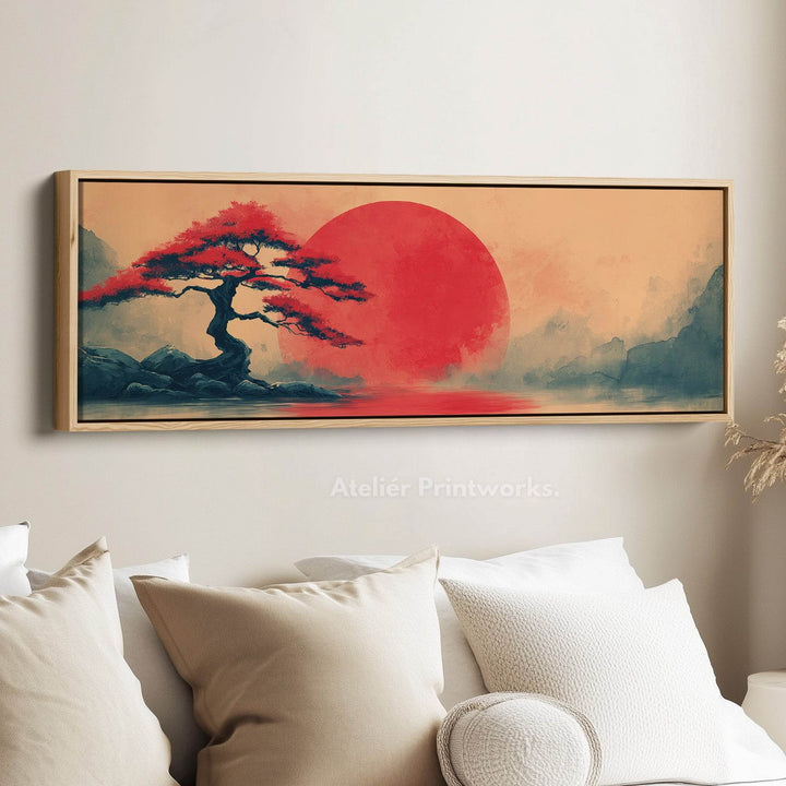 Bonsai Tree with Red Sun – Long Narrow Japanese Landscape Canvas - Japandi Wall Art - Atelier Printworks