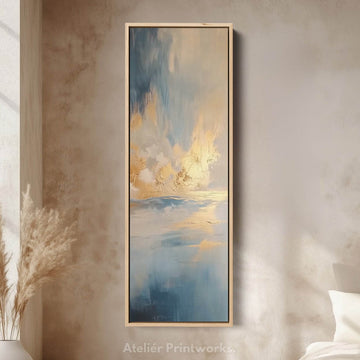 Large Framed Pictures - Abstract Blue & Gold Ocean Vertical Long Wall Art - Atelier Printworks