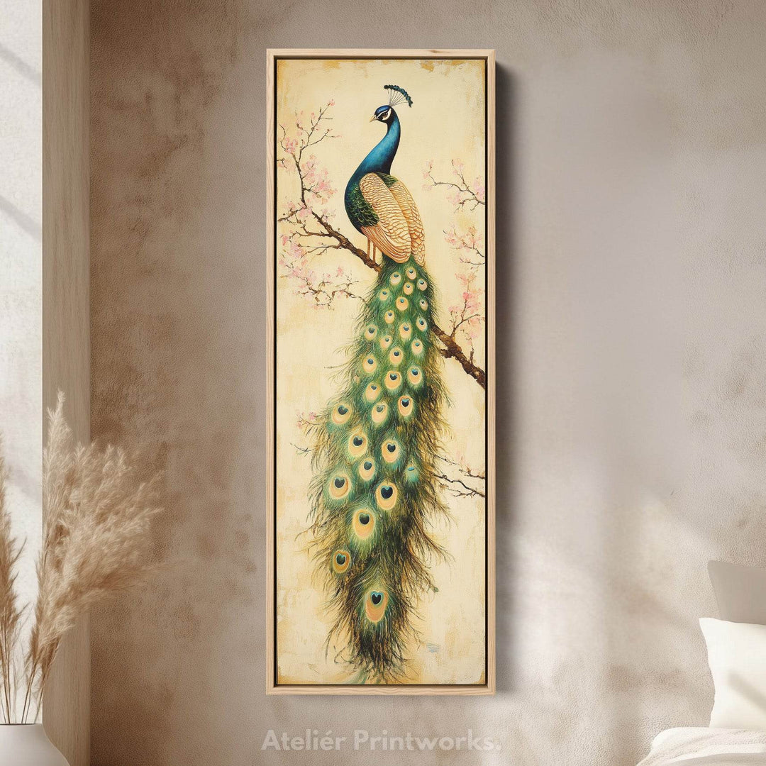Large Canvas Peacock Framed Wall Art Long Vertical Wall Decor - Atelier Printworks