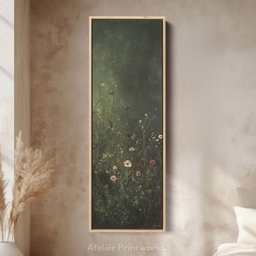 Vintage Wild Flowers Dark Green Vertical Wall Art - Tall Long Narrow Vertical Wall Decor - Atelier Printworks