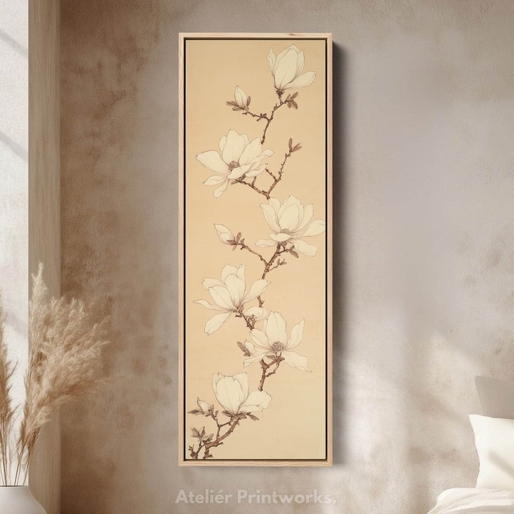 White Magnolia Long Narrow Vertical Wall Art Large Canvas Wall Decor - Atelier Printworks