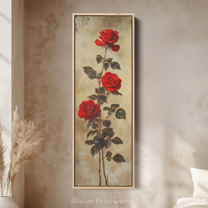 Red Roses Long Narrow Framed Canvas Wall Art For Living Room - Atelier Printworks