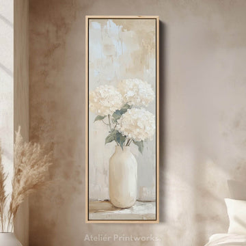 Tall Vertical Framed Canvas Beige Hydrangeas - Atelier Printworks
