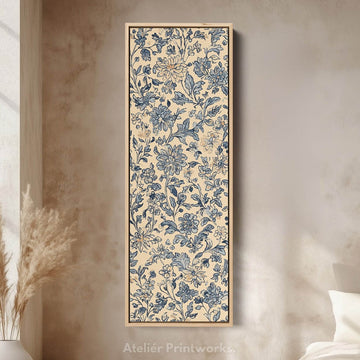 Vintage Beige & Blue Floral Vertical Long Wall Decor - Atelier Printworks