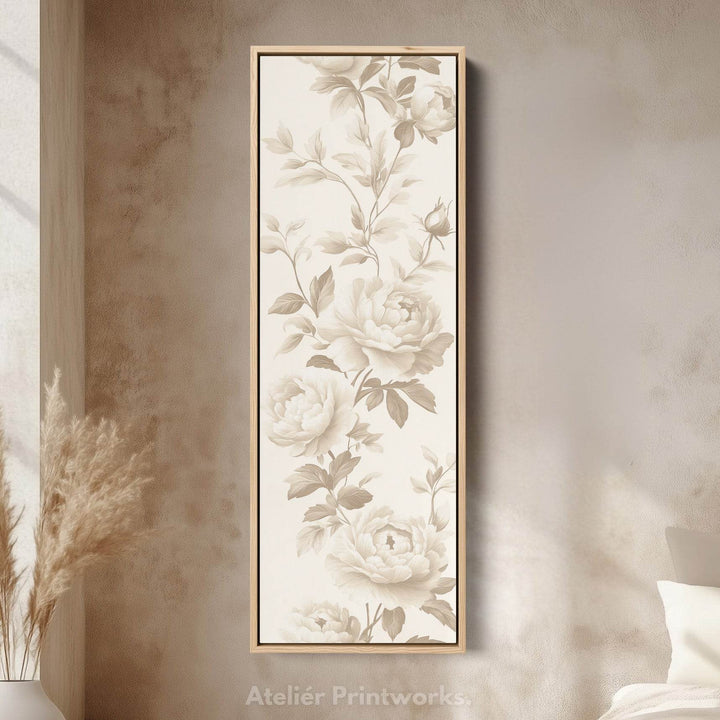 Vertical Beige Peonies Floral Long Framed Canvas Decor - Atelier Printworks