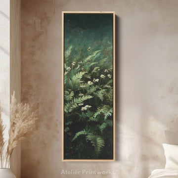 Vintage Wildflower Framed Canvas in Dark Green - Tall Narrow Vertical Wall Decor - Atelier Printworks
