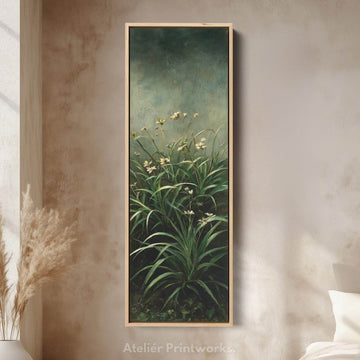 Flowers in Green Vertical Framed Canvas Art for Narrow Spaces - Atelier Printworks