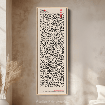 Yayoi Kusama Style Long Framed Canvas – Large Vertical Japanese Abstract Wall Art, Japandi Style, Japanese Poster Print - Atelier Printworks