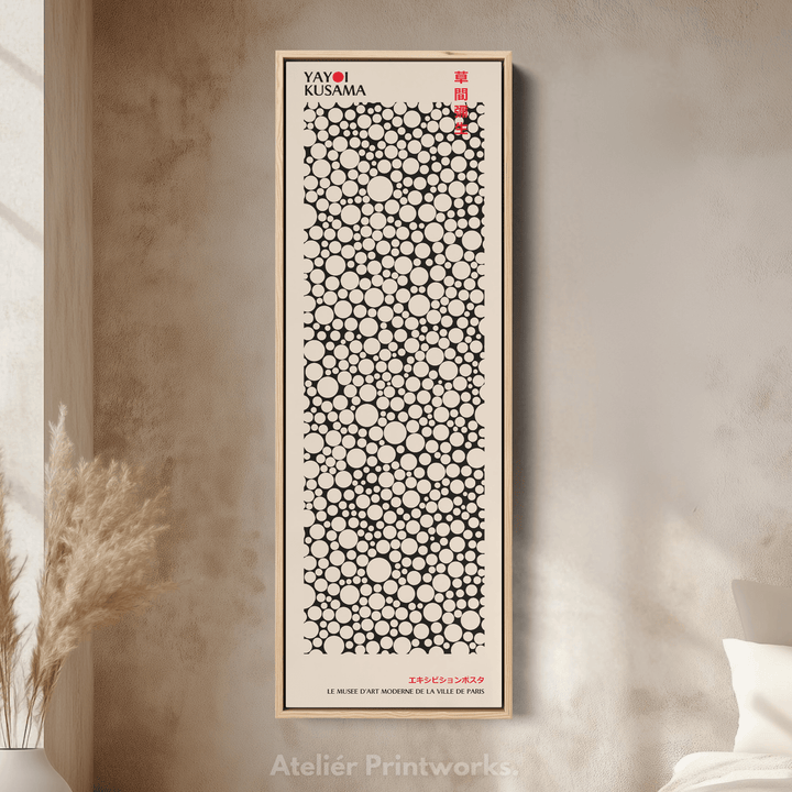 Yayoi Kusama Style Long Framed Canvas – Large Vertical Japanese Abstract Wall Art, Japandi Style, Japanese Poster Print - Atelier Printworks