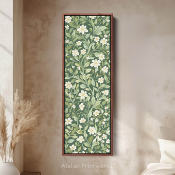 Framed Canvas Narrow Vertical White & Green Floral - Atelier Printworks