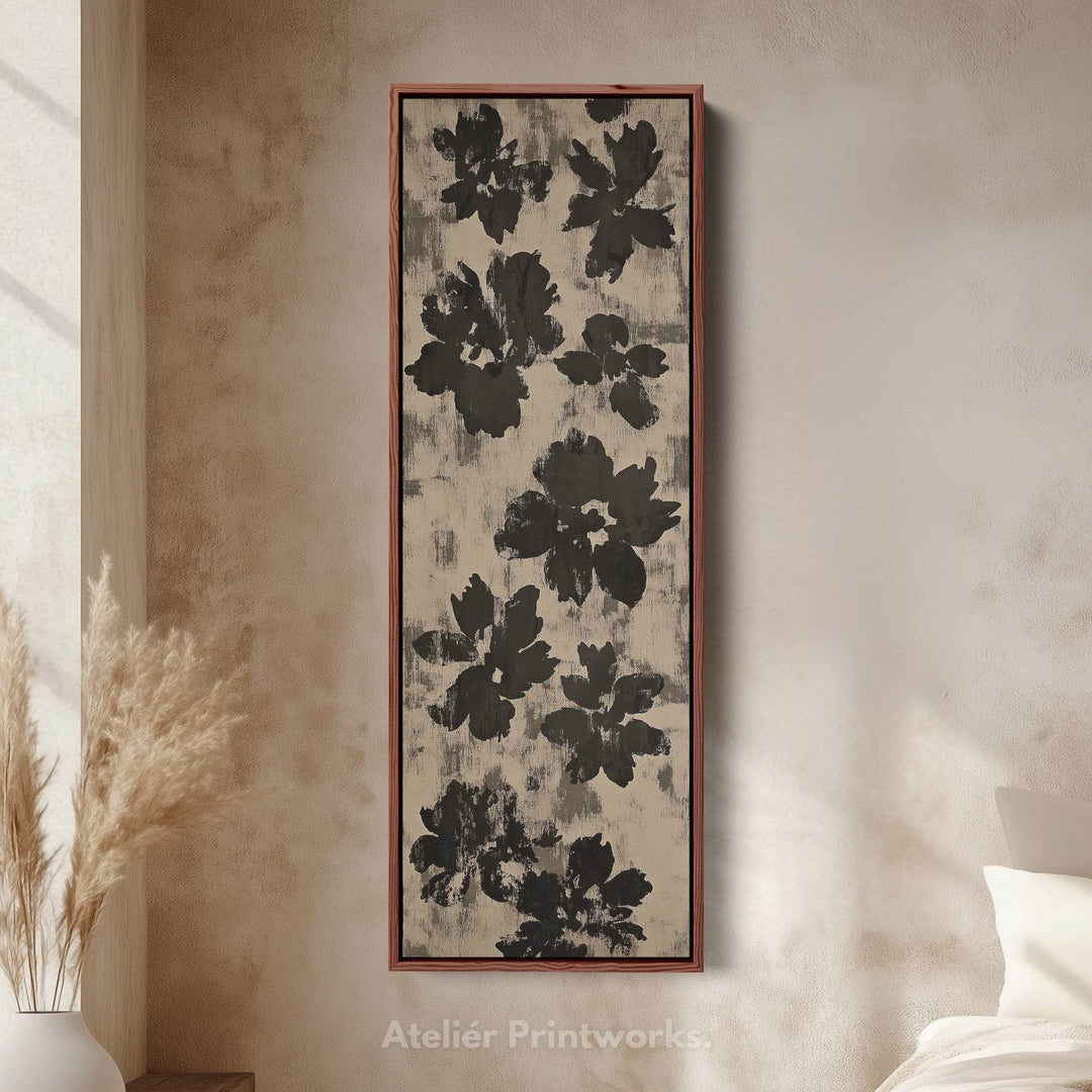 Black Abstract Floral Vertical Long Framed Canvas Wall Art - Atelier Printworks