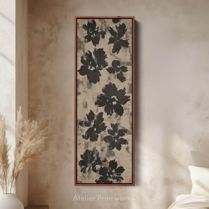 Black Abstract Floral Vertical Long Framed Canvas Wall Art - Atelier Printworks