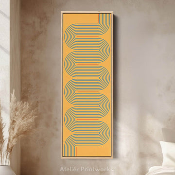 Playful Retro Curves Mustard Vertical Framed Canvas for Bedroom or Creative Workspace - Atelier Printworks