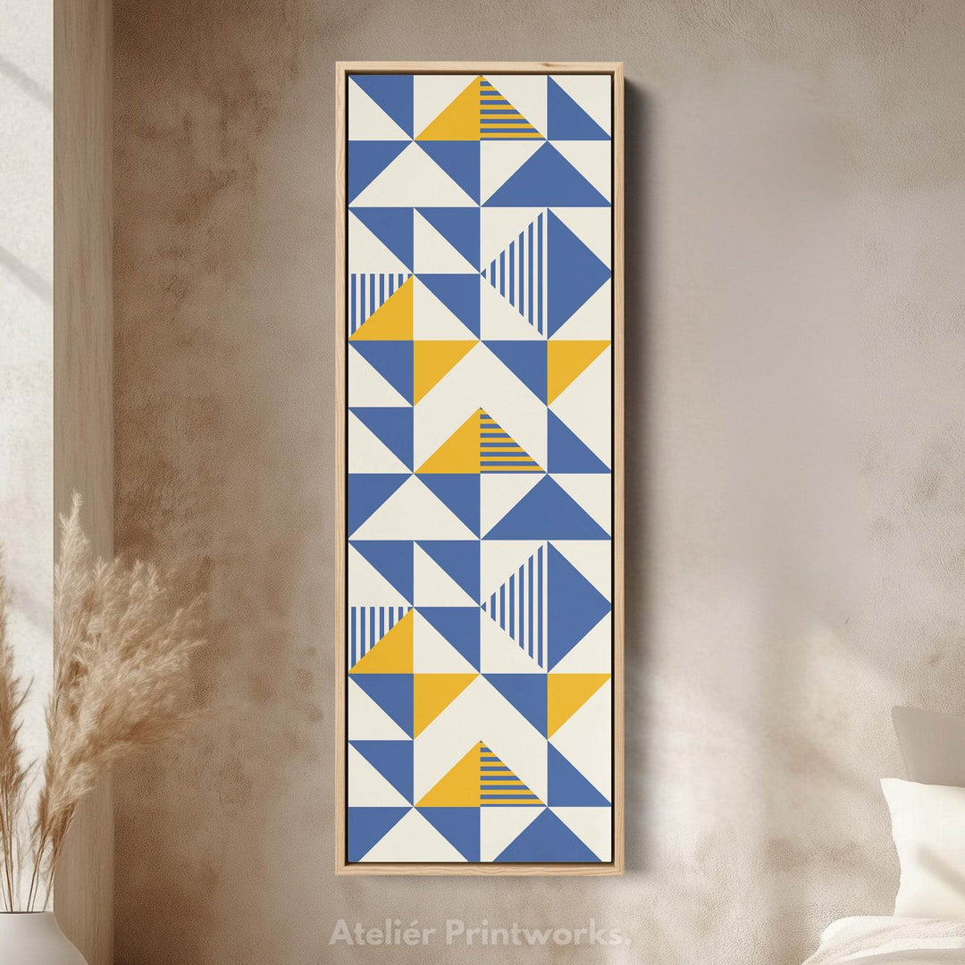 Retro Blue and Yellow Triangles Vertical Framed Canvas Wall Art for Bedroom or Hallway - Atelier Printworks