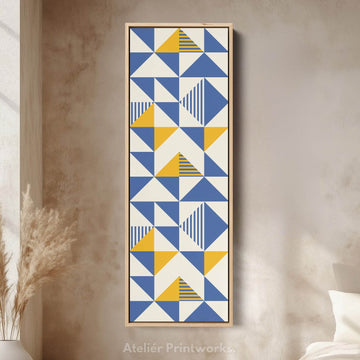 Retro Blue and Yellow Triangles Vertical Framed Canvas Wall Art for Bedroom or Hallway - Atelier Printworks
