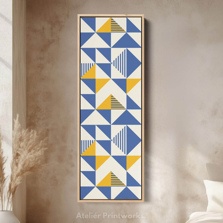 Retro Blue and Yellow Triangles Vertical Framed Canvas Wall Art for Bedroom or Hallway - Atelier Printworks