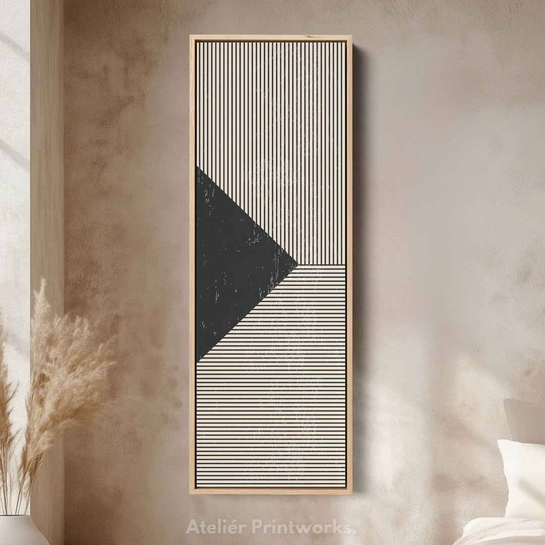 Minimalist Black and Beige Stripes Vertical Framed Canvas Wall Art for Hallway or Office - Atelier Printworks