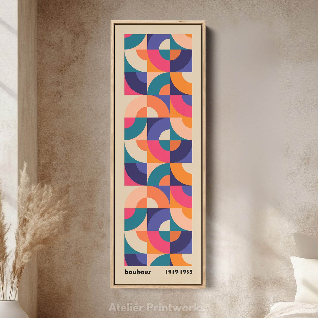 Orange and Blue Bauhaus Pattern Vertical Framed Canvas Wall Art for Bedroom or Living Room - Atelier Printworks