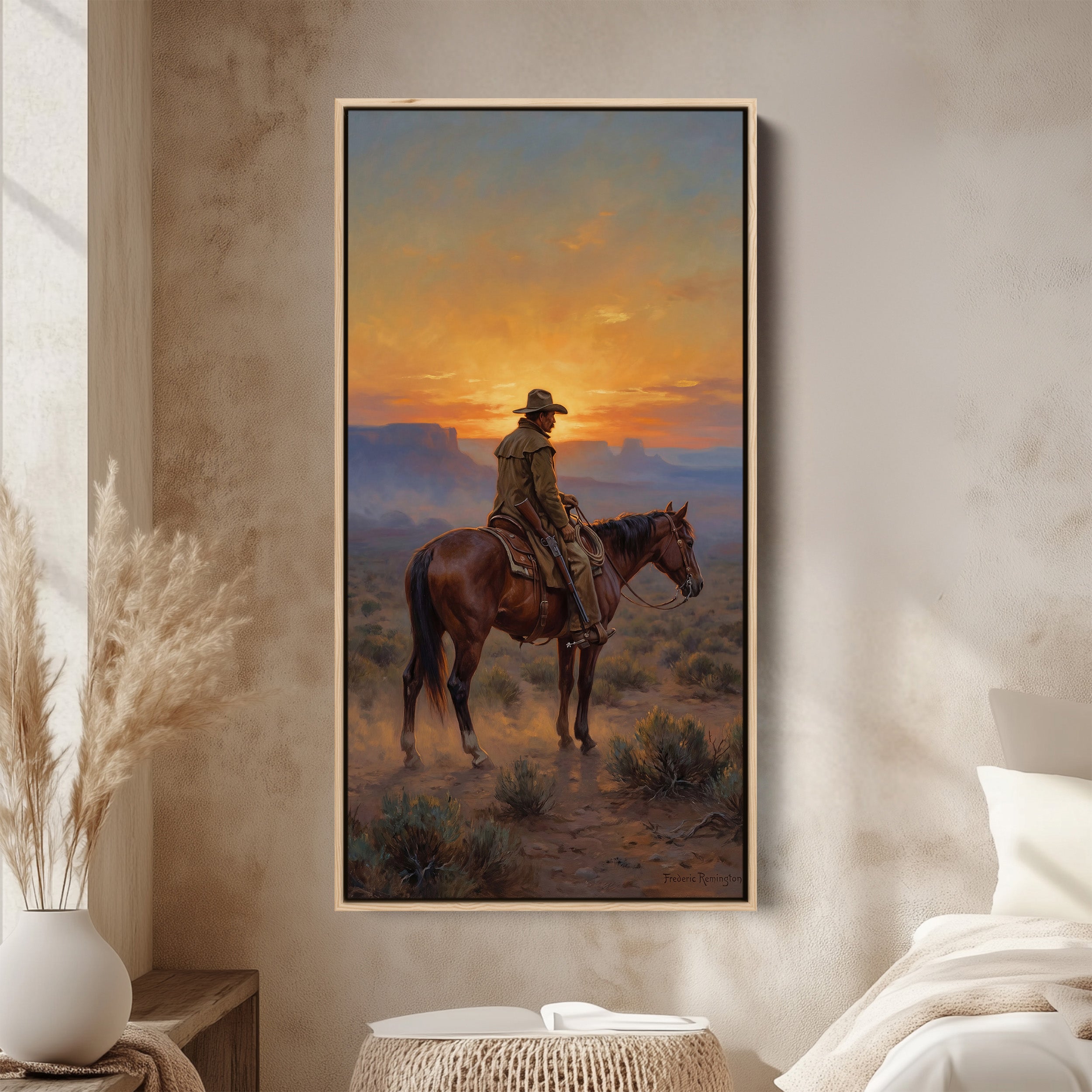 Tall Narrow Canvas Rider On Horse Desert Sunset Portrait Wall Art For ...