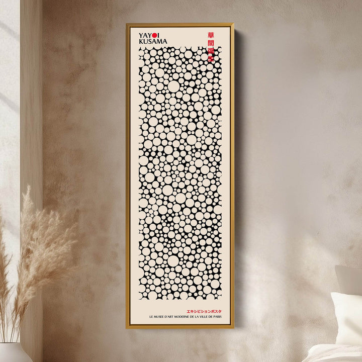 Yayoi Kusama Style Long Framed Canvas – Large Vertical Japanese Abstract Wall Art, Japandi Style, Japanese Poster Print - Atelier Printworks