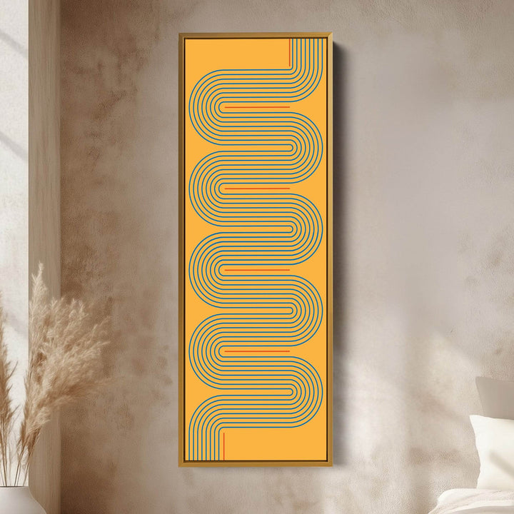 Playful Retro Curves Mustard Vertical Framed Canvas for Bedroom or Creative Workspace - Atelier Printworks