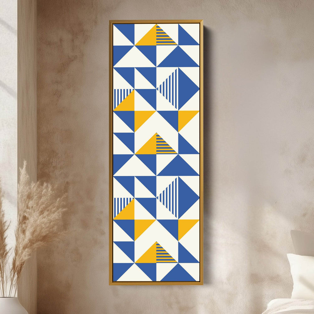Retro Blue and Yellow Triangles Vertical Framed Canvas Wall Art for Bedroom or Hallway - Atelier Printworks