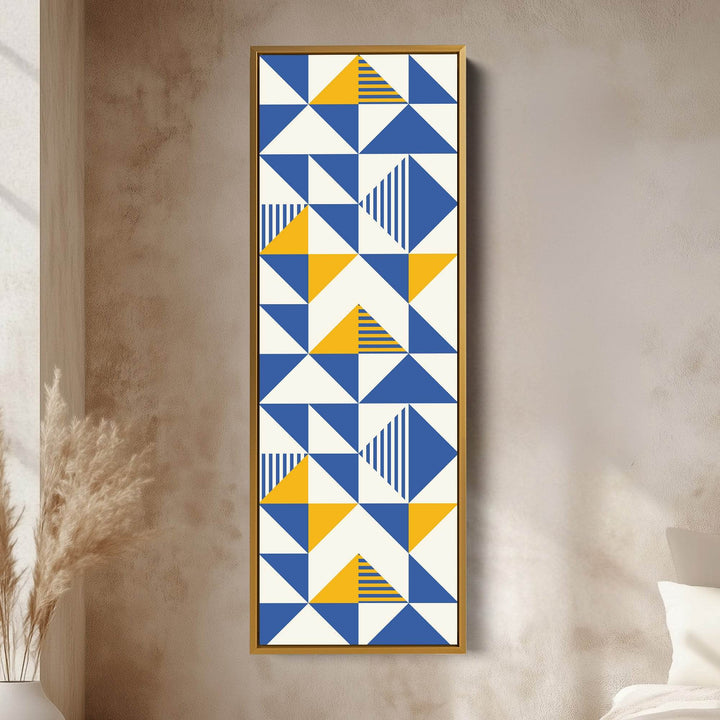 Retro Blue and Yellow Triangles Vertical Framed Canvas Wall Art for Bedroom or Hallway - Atelier Printworks