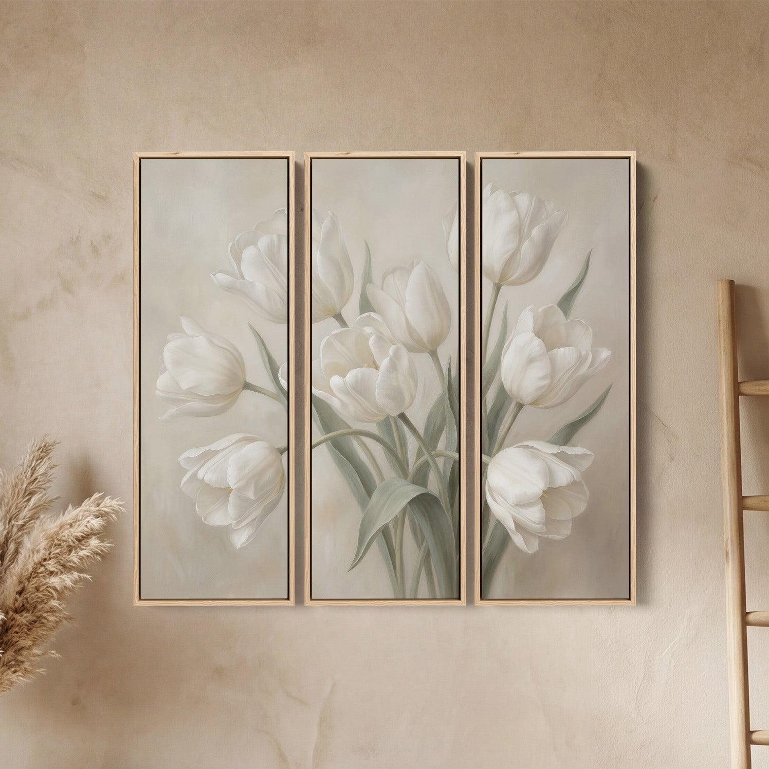 White Tulip Oversized Triptych Wall Art for Bedroom in Soft Neutral To ...