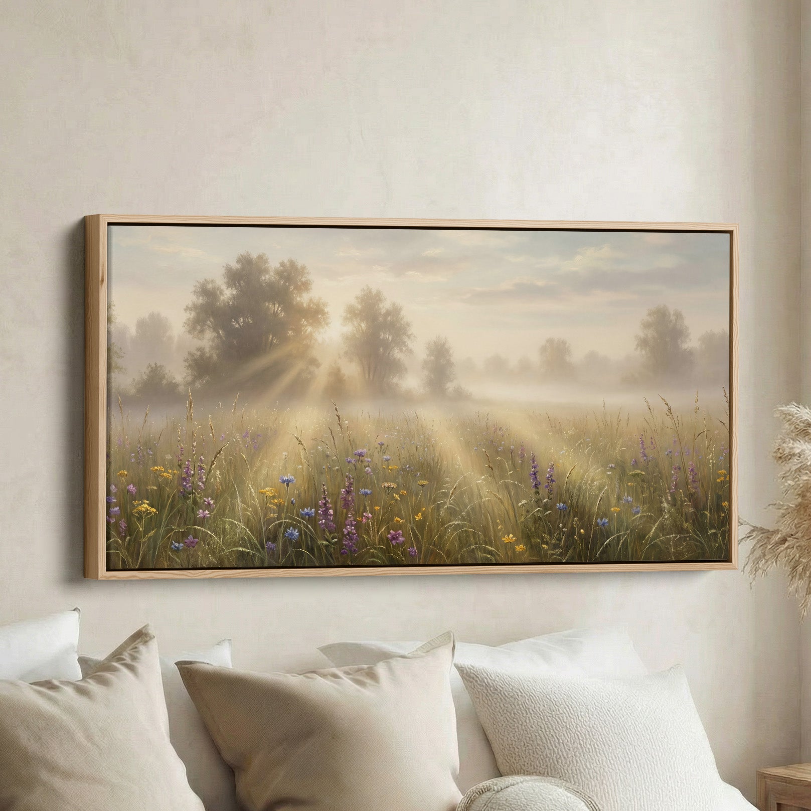 Misty Meadow Rays Long Wall Art Horizontal Canvas Print For Living Roo ...
