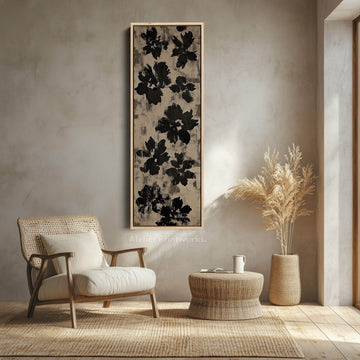 Black Abstract Floral Vertical Long Framed Canvas Wall Art - Atelier Printworks